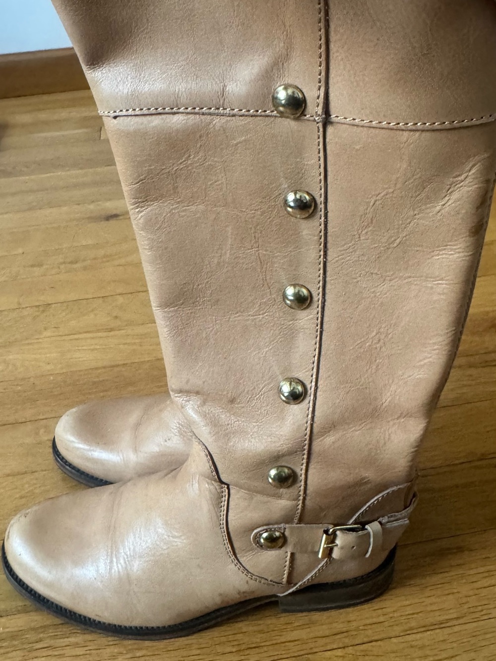 Steve Madden Beige Leather Knee-High Boots with Gold Studs